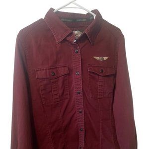 Harley-Davidson Vintage 2004 Gold Graphic Burgundy Button Up Shirt